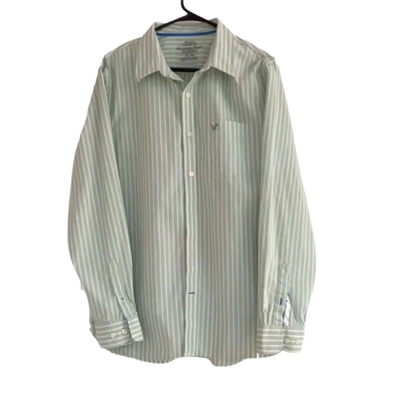 AMERICAN EAGLE ~ Men’s Long Sleeve Dress or Casual Green Striped Shirt size XL - Picture 7 of 8